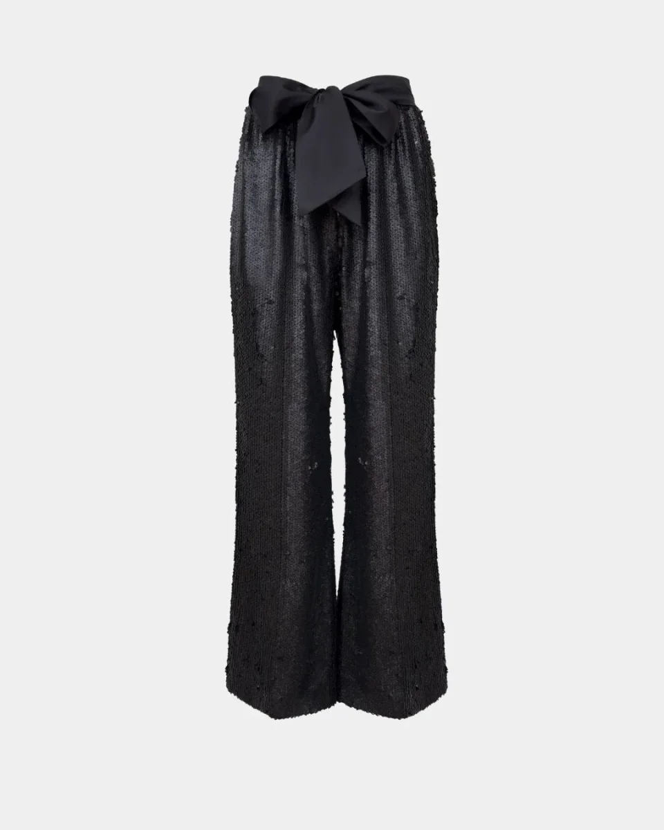 Schwarze Pailletten-Palazzo-Hose – Couture-Schleife | High Waist | Fließender Schnitt – Bild 2
