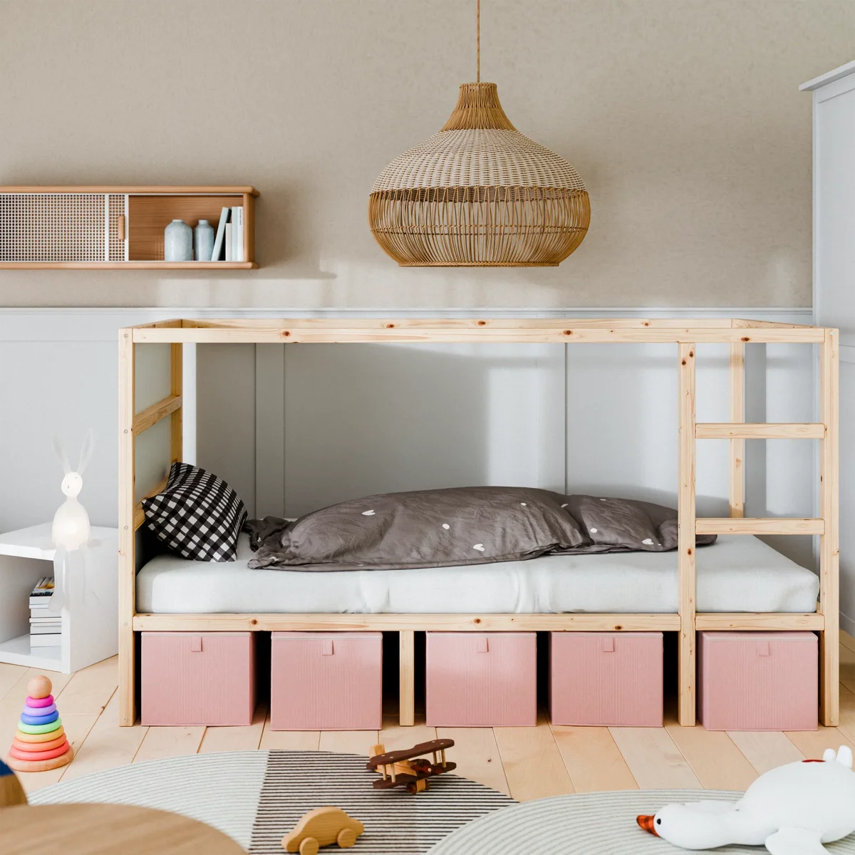 Box für IKEA Kura Bett, Unterbettkommode aus Cord Stoff, 90 x 32 x 27cm - Beige, Grün oder Rosa – Bild 7